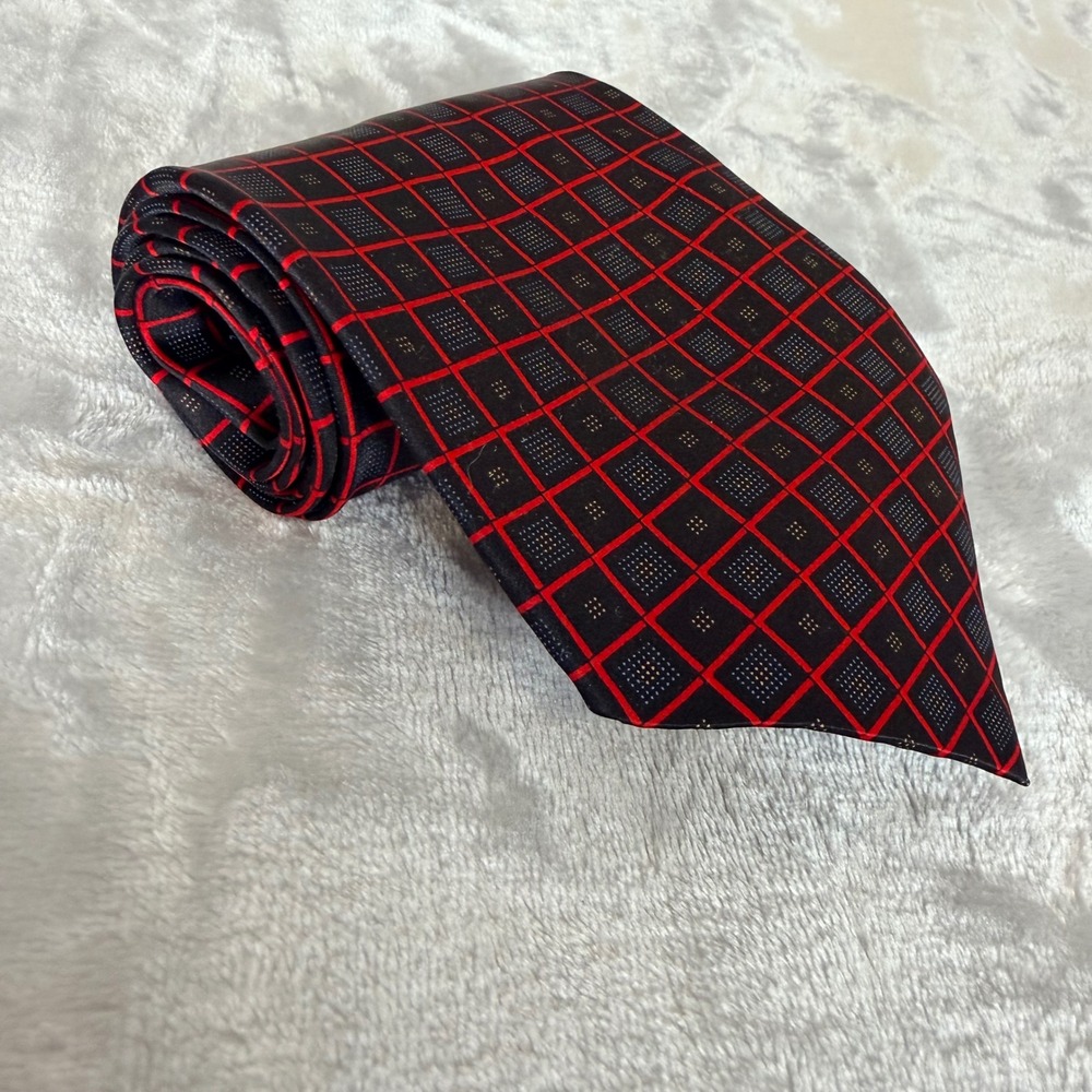 Boca Classics Silk Tie Black Red Geometric Check Pattern Necktie Hand Made 59L